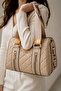 Light Mink Quilted Patterned Women's Hand and Shoulder Bag with Long Strap, Multi-Compartment, Daily Stylish Use - 5