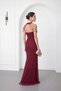 Women's Burgundy Collar Detail Beaded Long Evening Dress - 6