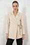 Women's Blazer with Collar, Belted, Side Tie, Beige Jacket - 3