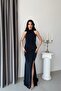 Navy Blue Draped Halter Neck Stone Embellished Evening Dress