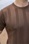 Light Brown Vertical Striped Crew Neck Knitwear Men's T-Shirt E7505 - 3