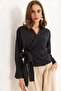 Women's Double-Breasted Collar Black Shirt with Side Belt - 3