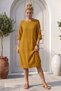 Mustard Color Boat Neck 3/4 Sleeve Pocket Casual 100% Linen Woven Dress 102 61 - 4