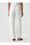 White Elastic Waist Linen Blend Women's Trousers - 3