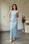 Neck Tie Jacquard Tulle Midi Blue Dress - 2