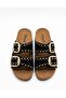 Women's Gold Studded Stone Double Buckle Cork Sole Slippers - 3