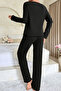 Women's Black Long Sleeve Bow Round Neck Transitional Pajama Set - 4