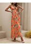 Women's Halter Neck V-Neck Slit Long Patterned Single Jersey Dress with Rope Straps - 3