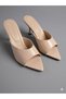Women's Beige Patent Leather Rustic Patterned Thin Heeled Pointed Toe Slippers (Heel Height 8cm) - 3