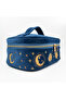 Navy Blue Moon and Sun Embroidered Velvet Makeup Bag & Organizer 25X17.5X11 cm - 2