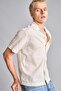100% Cotton Boxy Fit Apaş Collar Floral Short Sleeve Ecru Shirt I1141Ax26Sm - 3