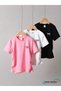 Summer Black Small Ribbon Printed Girls' Black, White, Pink Colors 3-Piece T-Shirt Set