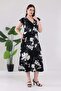 Women's Black White Floral Pattern Ruffle Sleeve Double Breasted Collar Plus Size Stretchy Maxi Dress - 2
