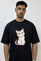 Anime Kedi_2 Design Printed Oversize Black T-Shirt