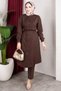 New Season Ribbed Detailed Belted Hijab Suit - Brown - 5