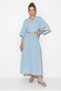 Women's Baby Blue Double-Breasted Tie-Down Blouse with Gipe Detailed Lined Skirt Muslin Cotton Set 1059 60286286 - 5