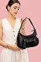 Women's Black Genuine Leather Zippered Gondola Baguette Shoulder Bag with Adjustable Extension Strap - 4