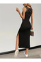 Women's Strap Round Neck Side Slit Viscose Dress with Lace Detail on the Back - 3