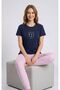 Women's Navy Blue Short Sleeve Pink and White Striped Bottom Pajama Set - 4