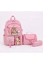 Licensed Korean Style Accessorized Pink 3-Piece Set Girls' Elementary School Bag with Pencil Holder and Lunch Bag Backpack