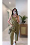 Mone Olive Tensel Sleeveless Blouse Pants Set - 3