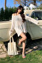 Women's Ecru Openwork Knitwear Long Sleeve Oversize Beach Dress - 4