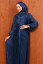 Navy Blue Evening Dress with Gathered Collar and Stones on the Front - 2