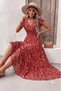New Season Women's Short Sleeve Double Breasted Collar Elastic Waist Floral Pattern Dress