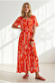 Women's Boho Pomegranate Flower Buttoned Belted Maxi Viscose Shirt Dress Elb-19002382