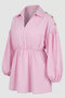 Maca Elastic Waist Balloon Long Sleeve Buttoned Shoulders Satin Women's Shirt & Blouse & Hijab Shirt - Pink&White - 5