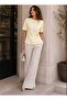 Women's Gold Buckle Detailed Gathered Waist Crew Neck Short Sleeve Fitted Summer Blouse - 3