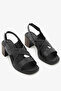Black Genuine Leather Cross-Strapped Thick Heeled Women's Sandals