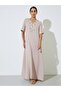 Beige Floral Lace Trim V Neck Jalabiya - 2