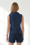 Women's Navy Blue Polo Collar Zippered Decorated Stretchy Blouse Blz-19003429 - 5
