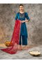 Blue Asymmetric Zari Embroidered Kurta, Straight Pants and Dupatta Set - 6