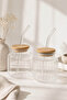 2-Piece Bamboo Lid Glass Jar Cup with Straw for Cold Coffee and Lemonade - 380ml - 2