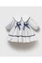 Baby Girl Bebe Collar Striped Daisy Patterned Cotton Dress with Blue Bow Detail - 6