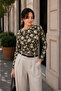 Women's Flower Pattern Shoulder Buckle Bluz