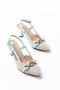Zri̇n-250 Blue Linen Daily Open Back Buckle 6 cm Heeled Shoes - 3