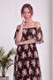 Women's Madonna Collar Floral Patterned Midi Length Chiffon Evening Dress Green, Brown, Black - 7
