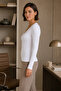 White Stretch Fabric V-Neck Long Sleeve Slim Fit Blouse 2200 - 7