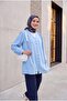Top Buttoned V-Neck Jacquard Crinkle Tunic - Baby Blue - 3