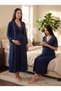 New Season Navy Blue Button Detailed Ribbed Design Short Sleeve 100% Cotton Maternity Nightgown Set of 2 - 3