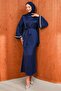 Navy Blue Satin Evening Dress with Stone-Embellished Sleeves and Waist Belt