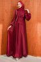 Burgundy Front Gathered Stoned Janjan Evening Dress