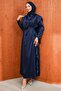 Navy Blue Shoulder Ruffled Satin Evening Dress