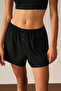 Fedes Women's Soft and Flexible Viscose Fabric Black Shorts with Elastic Waist and Decorative Button Detail - 3