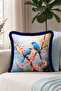Birds and Flowers Spring Pattern Fringed Pillowcase - Sakura Pink Navy Blue Tassel Throw Pillow Cover - 6