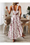 Romantic Summer Dress! Women's Strappy Square Neck Bow Detailed Patterned Long Single Jersey Dress - 4