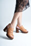 Women's Genuine Leather Platform Heeled Sandals - Tan - 2